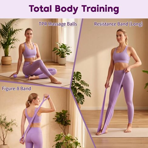 Hoikwo Purple TPE Pilates Kit for Home Workout, Complete Set with Pilates Ring, Resistance Bands, Yoga Ball, TPE Bands, TPR Massage Ball, Sliders, Along with an 8-Shape Band and Non-Slip Socks in Kuwait
