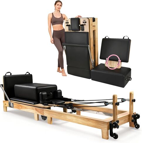 Drexo Pilates Reformer Machine, 95’’ Foldable Oak Wood Pilates Reformer, Quick-Assembly Studio-Grade Pilates Equipment with Reformer Heights, Reformer Accessories for Gym, Home, Ultral in Kuwait