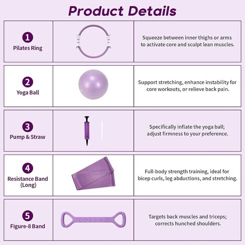 Hoikwo Purple TPE Pilates Kit for Home Workout, Complete Set with Pilates Ring, Resistance Bands, Yoga Ball, TPE Bands, TPR Massage Ball, Sliders, Along with an 8-Shape Band and Non-Slip Socks in Kuwait