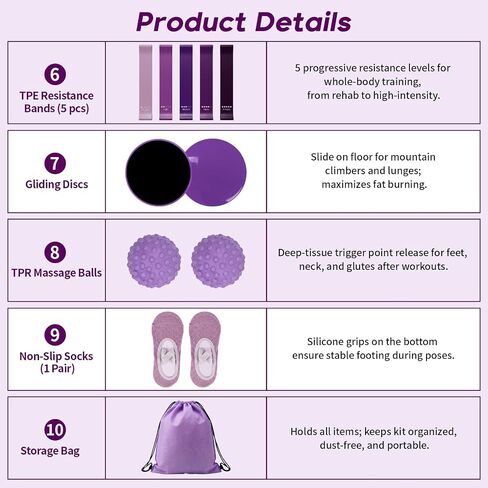 Hoikwo Purple TPE Pilates Kit for Home Workout, Complete Set with Pilates Ring, Resistance Bands, Yoga Ball, TPE Bands, TPR Massage Ball, Sliders, Along with an 8-Shape Band and Non-Slip Socks in Kuwait