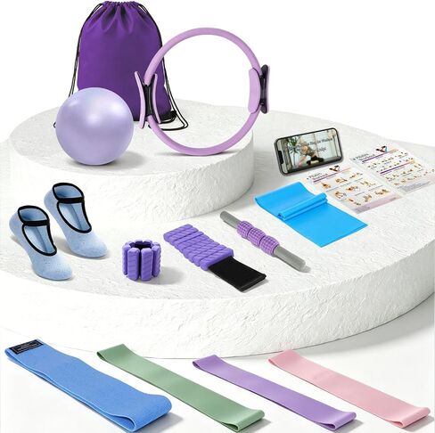 Pilates Kit for Women, 13-Piece Home Pilates Set with Ring, Mini Ball, Resistance Bands, Adjustable Ankle Weights, Socks & Bag for Full Body Workout in Kuwait