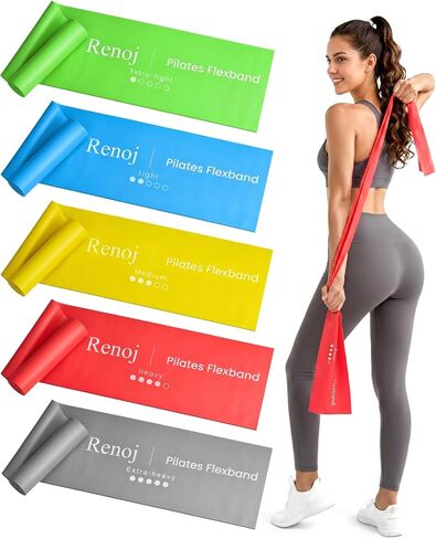 Renoj Pilates Flexbands، مجموعة مكونة من 5 أربطة مقاومة خالية من اللاتكس - أربطة تمرين للبيلاتيس واليوجا والتمدد والعلاج الطبيعي | معدات رياضية منزلية للنساء والرجال in Kuwait