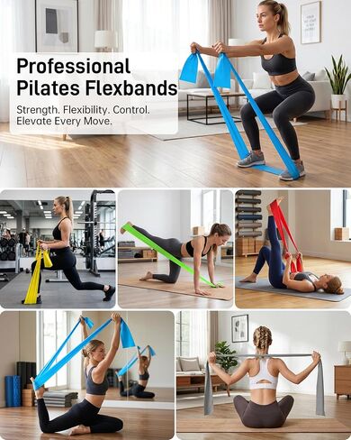 Renoj Pilates Flexbands، مجموعة مكونة من 5 أربطة مقاومة خالية من اللاتكس - أربطة تمرين للبيلاتيس واليوجا والتمدد والعلاج الطبيعي | معدات رياضية منزلية للنساء والرجال in Kuwait