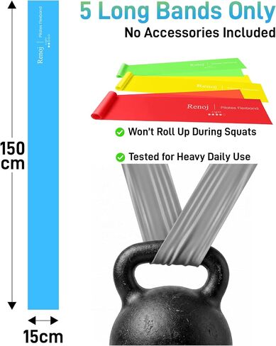 Renoj Pilates Flexbands، مجموعة مكونة من 5 أربطة مقاومة خالية من اللاتكس - أربطة تمرين للبيلاتيس واليوجا والتمدد والعلاج الطبيعي | معدات رياضية منزلية للنساء والرجال in Kuwait