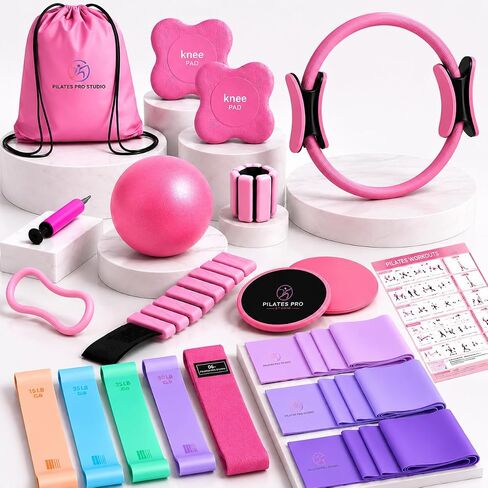 Pilates Kit for Women 22-in-1, Pilates Equipment Set with 14.5"Pilates Ring, Resistance Bands, Pilates Ball, Ankle Weights, Exercise Sliders, Grip Socks & Knee Pads For Yoga, Complete Home Workout Set in Kuwait