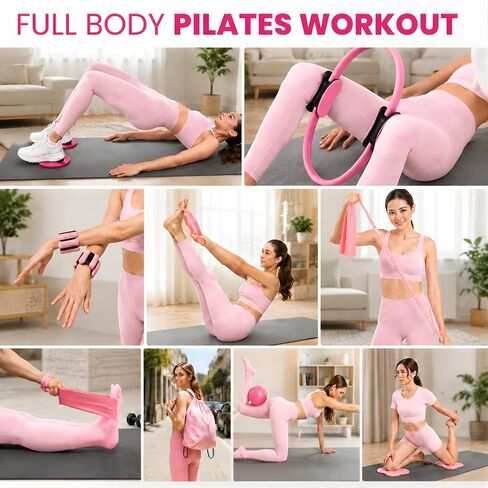 Pilates Kit for Women 22-in-1, Pilates Equipment Set with 14.5"Pilates Ring, Resistance Bands, Pilates Ball, Ankle Weights, Exercise Sliders, Grip Socks & Knee Pads For Yoga, Complete Home Workout Set in Kuwait