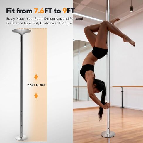 Professional 45mm Dancing Pole for Home, Spinning & Static Pole Dance Fitness Pole, Adjustable Height 7.6ft-9ft, Removable Portable with Floor/Ceiling Protection for Carpet & Hard Floor,Silver in Kuwait