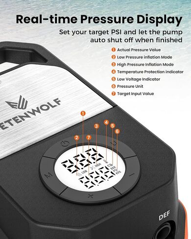 مضخة لوح مجداف ETENWOLF S4، مضخة هواء ضغط عالي 20 رطل لكل بوصة مربعة 12 فولت تيار مستمر مع إيقاف تلقائي وتفريغ الهواء، مضخة كهربائية محمولة أسرع 4 مرات لألواح التجديف الوقوف، والزوارق، ومراتب الهواء، والخيمة، والمواد المطاطية in Kuwait