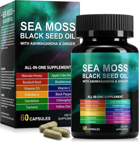 Sea Moss Black Seed Oil with Ashwagandha & Ginger, Turmeric Burdock Root Bladderwrack & Vitamin C, Vitamin D3, Sea Moss Capsule Supplement for Immunity & Energy, Skin, Hair (60 Capsules) in Kuwait