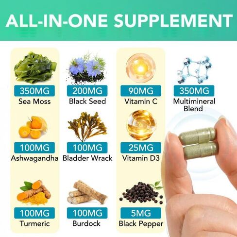 Sea Moss Black Seed Oil with Ashwagandha & Ginger, Turmeric Burdock Root Bladderwrack & Vitamin C, Vitamin D3, Sea Moss Capsule Supplement for Immunity & Energy, Skin, Hair (60 Capsules) in Kuwait
