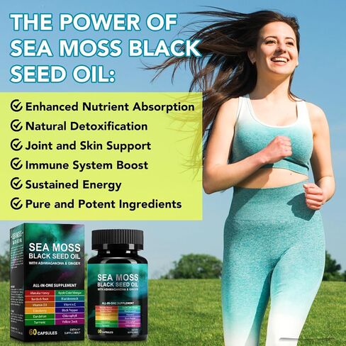 Sea Moss Black Seed Oil with Ashwagandha & Ginger, Turmeric Burdock Root Bladderwrack & Vitamin C, Vitamin D3, Sea Moss Capsule Supplement for Immunity & Energy, Skin, Hair (60 Capsules) in Kuwait