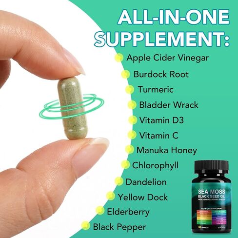 Sea Moss Black Seed Oil with Ashwagandha & Ginger, Turmeric Burdock Root Bladderwrack & Vitamin C, Vitamin D3, Sea Moss Capsule Supplement for Immunity & Energy, Skin, Hair (60 Capsules) in Kuwait