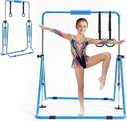 VEVOR Gymnastic Bars for Kids, 140 lbs Capacity Folding Training Kip Bar with Mat, 5 Adjustable Height Gymnastic Horizontal Bar Home, Training Equipment for Indoor Outdoor, Easy Assemble in Kuwait