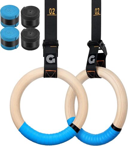 Gonex Wooden Gymnastic Rings with Adjustable Number Straps, Olympic Rings for Gym, Workout, Exercise, Outdoor Training, Quick Install Carabiner, 8.7 ft Straps Pull Up Non-Slip Rings in Kuwait