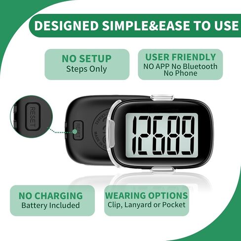 Pedometer Walking Simple 3D Step Counter with Clip and Lanyard, Activities Fitness Tracker Without Smartphone, Accurate Step Tracker for Women, Men, Seniors-Black in Kuwait