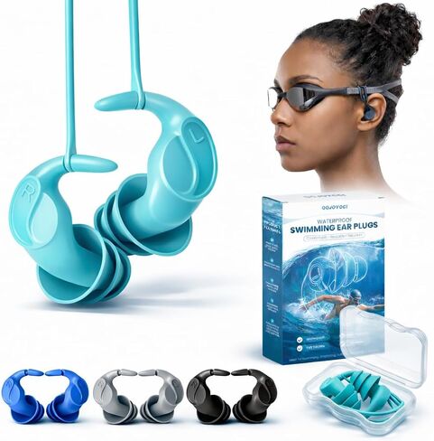 Kids Swim Ear Plugs - 4 Pairs Waterproof Silicone Earplugs for Children 5-14 Years with Detachable Cord, 2 Wearing Styles, Attaches to Goggles, Reusable Ear Protection for Pool, Swimming Lessons in Kuwait