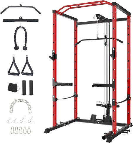 Power Cage with Pulley System for Home Gym, 1600 LBS Capacity Power Rack with LAT Pulldown, Pull Up Bar, Safety Straps, Multi Function Strength Training Equipment in Kuwait