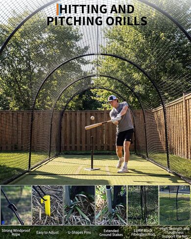 33ft Baseball Batting Cage with Frame and Net, 33 x 12 x 8 ft Practice Net for Batting and Pitching, Full Enclosure Training Cage for Baseball, Softball and Golf, for Backyard or Field in Kuwait
