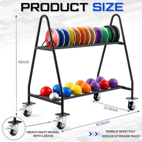 Silipull Mobile Shot Put Discus Storage Rack Cart Heavy Duty Athletic Throwing Equipment Trolley with 4 Wheels, Holds 15 Discus & 20 Shot Put for Gym, School PE and Track & Field Gear Organizer in Kuwait