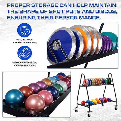 Silipull Mobile Shot Put Discus Storage Rack Cart Heavy Duty Athletic Throwing Equipment Trolley with 4 Wheels, Holds 15 Discus & 20 Shot Put for Gym, School PE and Track & Field Gear Organizer in Kuwait