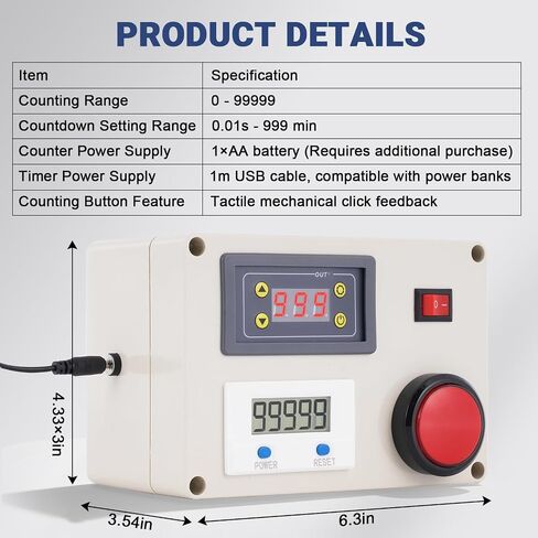 Countdown Tally Counter 0-99999 Counts 0.01s-999min,USB Powered Timer Counter Compatible with Power Bank,Large Red Button for Timed Drills, Sports Training & Production Line Speed Checks in Kuwait