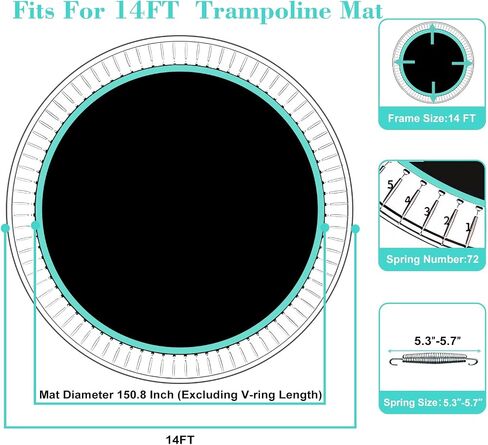 Trampoline Replacement Mat – Fit 14 Ft Frame with 72/84/96 V-Hooks Using 5.3-9.0" Springs, UV-Resistant, with Install Tool (Spring not Included) in Saudi Arabia