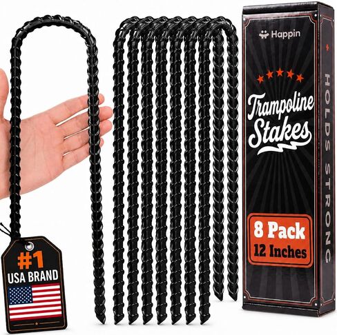 Happin® 12 Inch Trampoline Anchors, Trampoline Stakes, Ground Stakes Heavy Duty, Ground Anchors Screw in, Trampolines Accessories, Tent Anchors, Yard Spikes, Galvanized Steel (8 Pack, Black) in Saudi Arabia