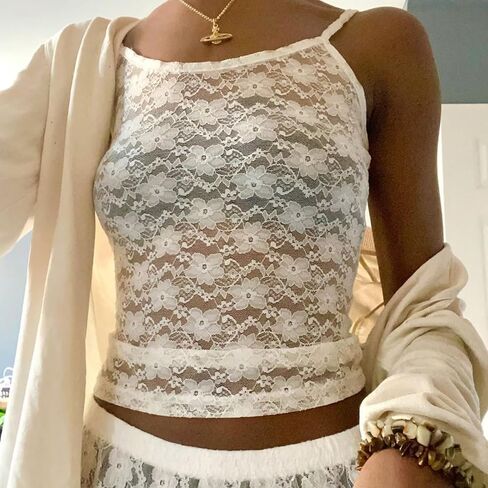 Women See Through Lace Crop Cami Top Spaghetti Strap Scoop Neck Backless Sexy Slim Fit Sheer Tank Top Clubwear in Kuwait