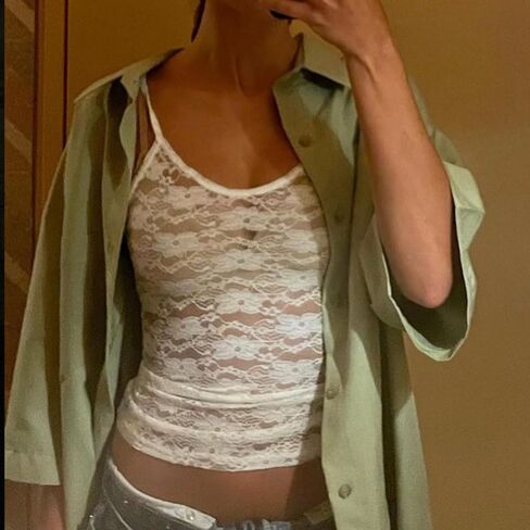 Women See Through Lace Crop Cami Top Spaghetti Strap Scoop Neck Backless Sexy Slim Fit Sheer Tank Top Clubwear in Kuwait