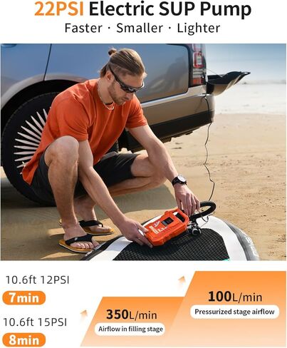 22PSI Paddle Board Pump Electric, 12V DC Car Powered SUP Pump with Dual Stage Inflation, Portable Air Pump for Inflatable Paddleboards, Boats, Mattresses & Water Sports Inflatables in Kuwait