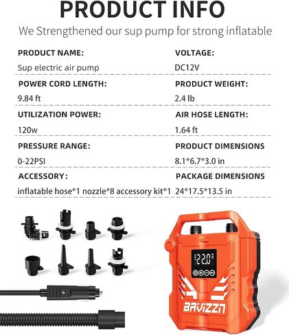 22PSI Paddle Board Pump Electric, 12V DC Car Powered SUP Pump with Dual Stage Inflation, Portable Air Pump for Inflatable Paddleboards, Boats, Mattresses & Water Sports Inflatables in Kuwait