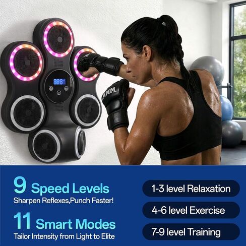 Music Boxing Machine for Adults, Music Punching Machine with Gloves, Interactive Wall Mounted Electronic Boxing Target with 11 Modes & 9 Speeds for Home, Office, Gym, Gift for Men and Kid (RGB Light) in Kuwait