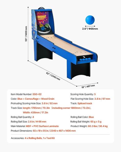 طاولة ألعاب VEVOR Roll and Score Classic Arcade، آلة طاولة Sky Ball، مسجل إلكتروني LED وإضاءة المسار، صوت، إرجاع الكرة تلقائيًا، غرفة ألعاب ترفيهية منزلية in Kuwait