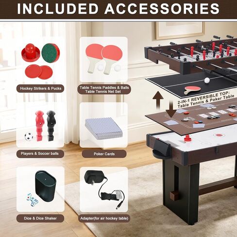4-in-1 Multi Game Table, 54" Combination Game Table Set, Combo Games Table with Air Hockey, Table Tennis, Foosball, Poker Tabletop for Family, Game Room, Teenagers, Adults in Kuwait
