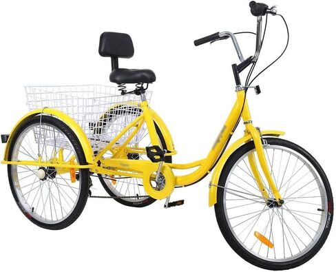 Bike Three Wheel Adult Tricycle 3 Cruiser Cargo Bikes for Adults Trike 24" W/Large Size Basket (Yellow) in Saudi Arabia