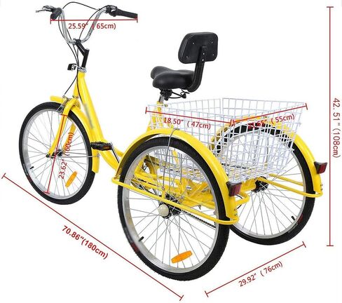 Bike Three Wheel Adult Tricycle 3 Cruiser Cargo Bikes for Adults Trike 24" W/Large Size Basket (Yellow) in Saudi Arabia
