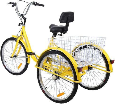 Bike Three Wheel Adult Tricycle 3 Cruiser Cargo Bikes for Adults Trike 24" W/Large Size Basket (Yellow) in Saudi Arabia