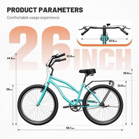 دراجة Oakcloud Beach Cruiser للسيدات مقاس 24/26 بوصة، دراجة مريحة ذات سرعة واحدة، إطار فولاذي عالي الكربون، مقعد قابل للتعديل ورف خلفي، فرامل على شكل حرف V in Kuwait