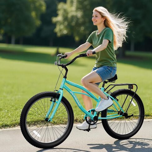 دراجة Oakcloud Beach Cruiser للسيدات مقاس 24/26 بوصة، دراجة مريحة ذات سرعة واحدة، إطار فولاذي عالي الكربون، مقعد قابل للتعديل ورف خلفي، فرامل على شكل حرف V in Kuwait