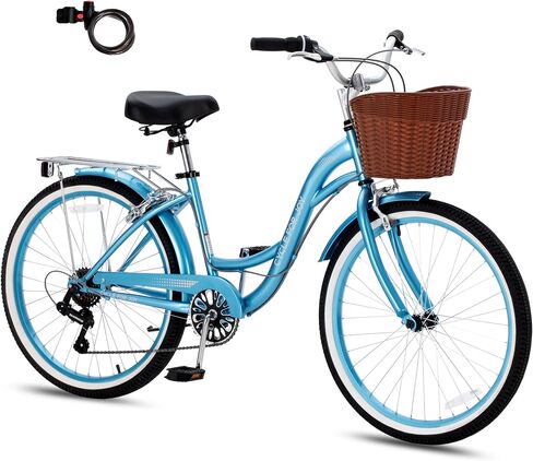 Beach Cruiser Bike for Women, 7 Speed Women's Bike | Low-Thru Frame, Removable Basket & Rack, Adjustable Seat and Handlebar, Reflectors, Pre-assembled, for City Commuting in Saudi Arabia