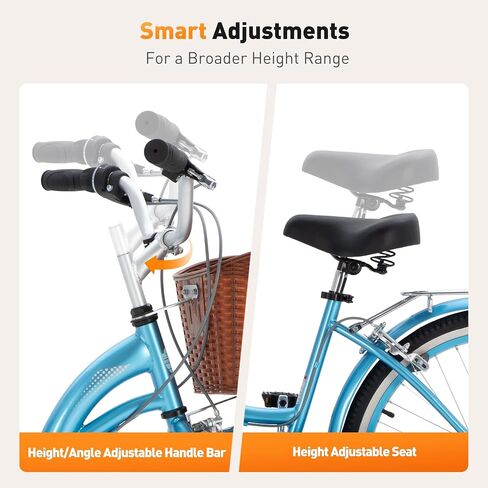 Beach Cruiser Bike for Women, 7 Speed Women's Bike | Low-Thru Frame, Removable Basket & Rack, Adjustable Seat and Handlebar, Reflectors, Pre-assembled, for City Commuting in Saudi Arabia