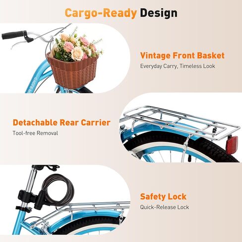 Beach Cruiser Bike for Women, 7 Speed Women's Bike | Low-Thru Frame, Removable Basket & Rack, Adjustable Seat and Handlebar, Reflectors, Pre-assembled, for City Commuting in Saudi Arabia