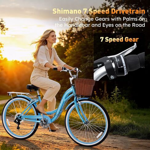 Beach Cruiser Bike for Women, 7 Speed Women's Bike | Low-Thru Frame, Removable Basket & Rack, Adjustable Seat and Handlebar, Reflectors, Pre-assembled, for City Commuting in Saudi Arabia