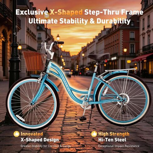 Beach Cruiser Bike for Women, 7 Speed Women's Bike | Low-Thru Frame, Removable Basket & Rack, Adjustable Seat and Handlebar, Reflectors, Pre-assembled, for City Commuting in Saudi Arabia