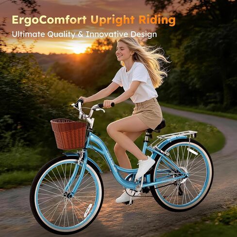 Beach Cruiser Bike for Women, 7 Speed Women's Bike | Low-Thru Frame, Removable Basket & Rack, Adjustable Seat and Handlebar, Reflectors, Pre-assembled, for City Commuting in Saudi Arabia