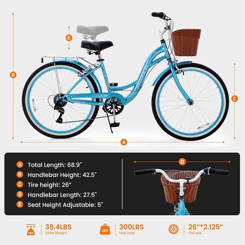 Beach Cruiser Bike for Women, 7 Speed Women's Bike | Low-Thru Frame, Removable Basket & Rack, Adjustable Seat and Handlebar, Reflectors, Pre-assembled, for City Commuting in Saudi Arabia