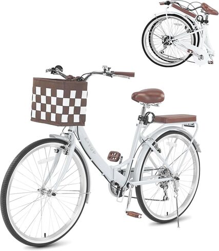 24/26 Inch Foldable Bike, 7 Speed Beach Cruiser Bike for Women, Folding Bikes for Adults, Womens City Bikes with Basket & Adjustable Seat, Step Through Commute Bicycle for Women Adults in Kuwait