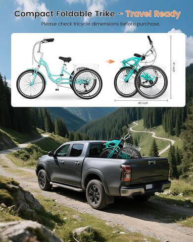 Slsy Adult Folding Tricycles, 7 Speed Folding Adult Trikes, 20 24 26 Inch 3 Wheel Bikes with Low Step-Through, Foldable Tricycle for Adults, Women, Men, Seniors in Kuwait