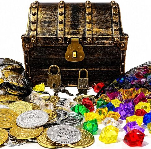 Treasure Chest for Kids Prizes,Plastic Treasure Chest with 288 Treasure Gold Coins and Gems,Jewels- Perfect for Pirate Themed Parties and Games in Kuwait