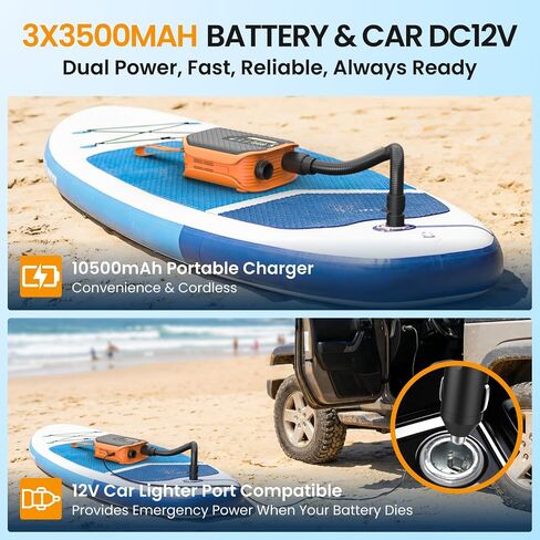 TowerTop Electric Paddle Board Pump: 10500mAh Rechargeable Car/SUP Pump, 50PSI Paddleboard Pump, 12V DC Dual Stage (Inflation & Deflation) with 8 Nozzles for Paddle Boards, Inflatables, Kayaks, Car in Kuwait